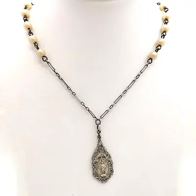 Antique Sterling Silver Miraculous Medal Faux Pearl Pendant Chain Necklace 16in • $84.55