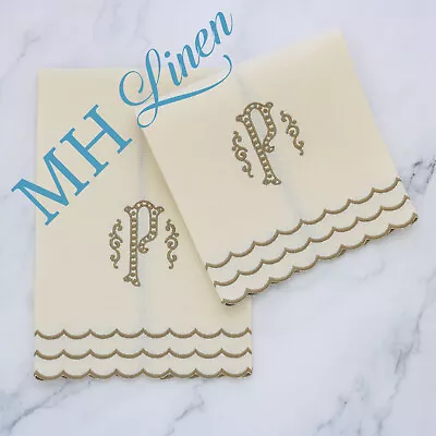 Set Of Two Monogram P Guest Towels In Cream With Brown Scalloped Border • $30