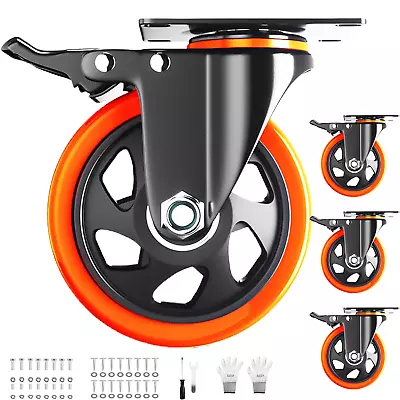 Casters Set Of 4 Heavy Duty5 Inch Caster Wheels With Brakes Swivel Top Plate C • $38.27