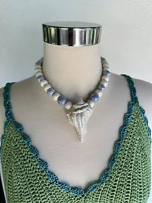 Vintage Flying Colors Blue White Ceramic Sea Shell Necklace Beach Ocean Theme • $110