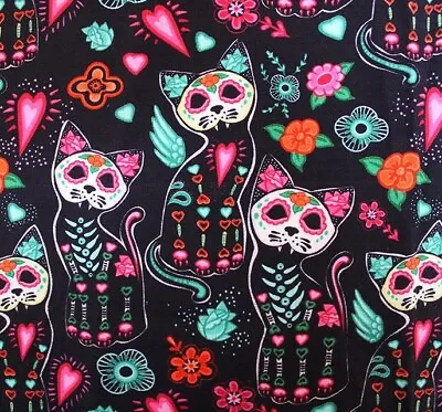 Black Sugar Skull Cat Fabric 100%Cotton - BY THE METER-59 /149cm Wide -Halloween • £12.99