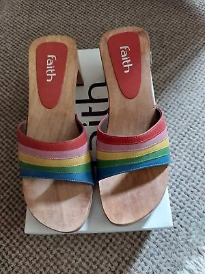 Faith Ladies Multi Coloured Leather Upper Sandals/Mules Wooden Sole & Heel.  • £25.39