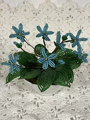 Vintage French Beaded Flowers Forget-Me-Nots 4 1/2  Tall 5  Wide In Vase • $30