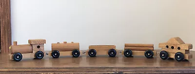 Vintage Handmade Wooden Toy Train Set 5PC Engine~Tanker~Flat~Log~Caboose 32 LONG • $18.95