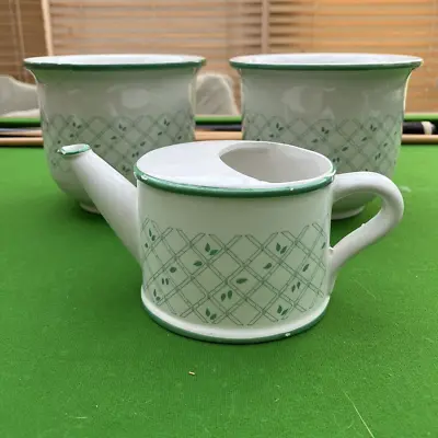 2 Indoor Pots Planters Green Lattice White Vintage & Matching Watering Can • £13