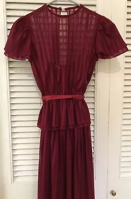 Vintage 1980s Sheer Burgundy Dress Junior Size 5 Slip Dress W Ruffled Top • $15