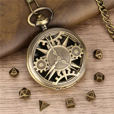 7pcs Polyhedral Metal Dice Set With Gear Pocket Watch Case FOB Chain Gaming • $6.98