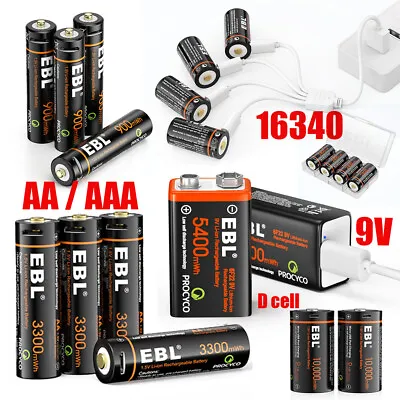 EBL 1.5V AA D 16340 Rechargeable Lithium Batteries USB 9V Li-ion Battery Lot New • $25.99