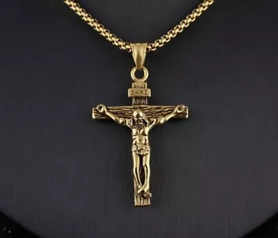 Men Stainless Steel Gold Jesus Crucifix Pendant Chain Necklace AU • $28.49