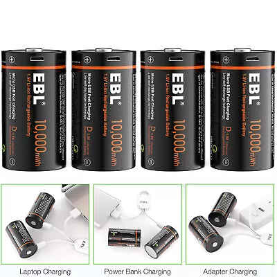 4Pcs D Size Cell 10000mWh Rechargeable Batteries USB Lithium-ion Li-ion+Cable • $44.99