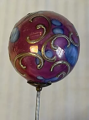 Antique Edwardian Iridescent Hand Painted Pink & Gold Glass Ball Orb Hat Pin 7  • $45