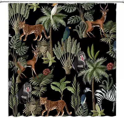 Jungle Animals Shower Curtain Cheetah Zebra Monkey Antelope Green Tropical Fores • $30.22