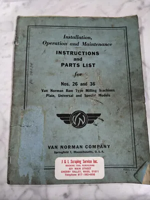 Van Norman Machine Model 26 36 Milling Operator Service Manual & Parts List Book • $145