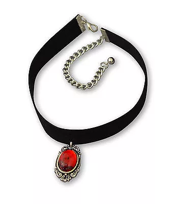 Black Velvet Choker With Red Cabochon In Silver Frame Adjustable Size CH-1024R • $14.99