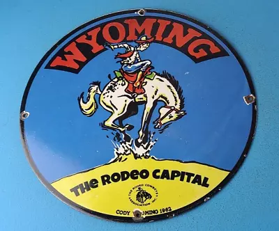 Vintage Rodeo Cowboy Porcelain Cody Wyoming Gas Service Station Pump Plate Sign • $139.47