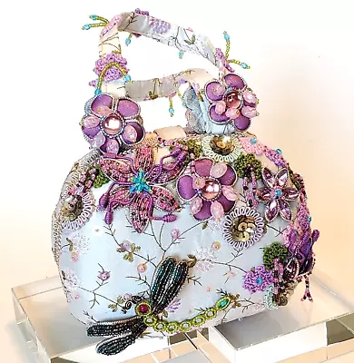Mary Frances Dragonfly Flowers Oval Purse Handbag 6-1/4  Purple Gray Beaded • $119.99