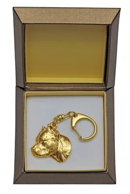 Amstaff Type 3 - Gold Covered Keyring With Image Of A Dog In Box Art Dog AU • $127.11