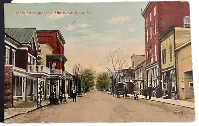 1910s STRASBURG VA MAIN STREET POST OFFICE MEAT MARKET MOTORCYCLE POSTCARD • $36.99