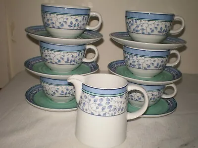 NICE Set 6 Mikasa Susanne Cup Teacup Saucer Creamer Blue Green Leaves Spal • $24.99