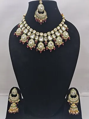 Indian Bollywood Gold Plated Kundan Bridal Necklace Earrings Jewelry Set_Maroon • $36.29