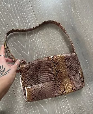 Vintage Y2K Snakeskin Pattern Brown Faux Leather Shoulder Bag • £5