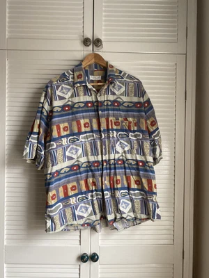 £5 • Buy Men’s Size XL Vintage Multicoloured Aztec Festival Short Sleeved Button Up Shirt