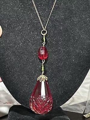 Vtg Czech Cherry Red Mughal Carved Molded Glass Necklace 12K Gold Fill M Chain • $68