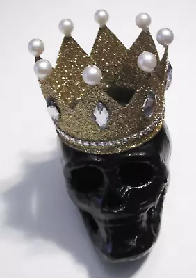 Hand Decorated Black Paper Mache Skull W/ Gold Glitter Pearls And Gems Crown • $6.99