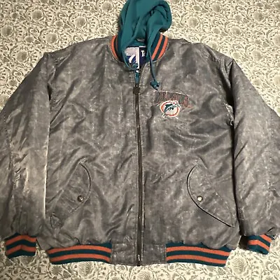 Vintage Miami Dolphins Mens Size L Puffer Jacket Logo 7 NFL Hooded • $59.61