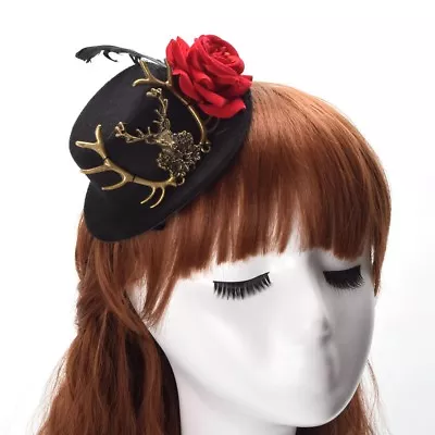 Gothic Steampunk Deer Head Rose Mini Top Hat Hairclip Victorian Headwear Hairpin • $12.99