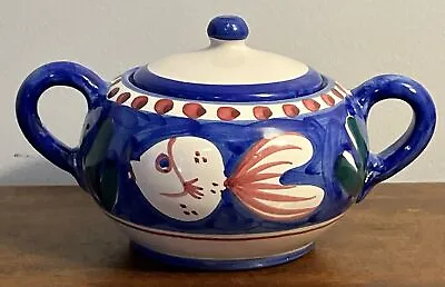 Vietri Solimene Campagna Pesce Lidded Sugar Bowl Blue Fish Made In Italy • $42.49