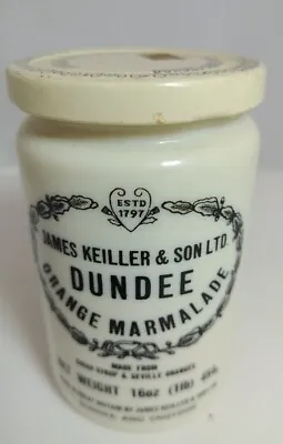 Vintage Dundee James Keiller & Son Orange Marmalade Jar Milk Glass 16oz W/ Lid • $34.99