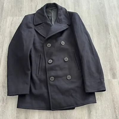 Vintage 1960s US Navy 100% Wool Kersey Mens Military Pea Coat Dark Blue 36R • $67.49