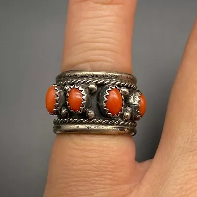 Vintage Navajo Coral Silver Ring Size 4.5 • $115