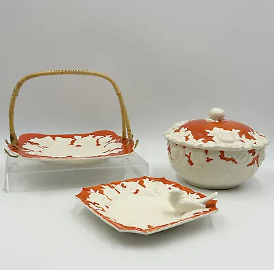 Antique 1920's MORIYAMA Mori-Machi Pottery Orange Red White SET OF 3 • $149.99
