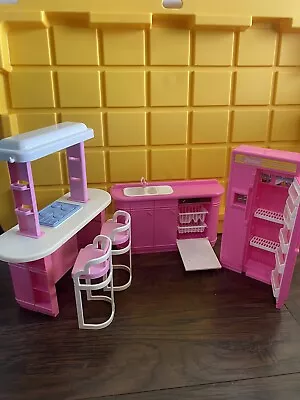 VTG 90s Barbie Kitchen Set Sink Dishwasher Stove Island Stool Chairs Fridge Pink • $24.99
