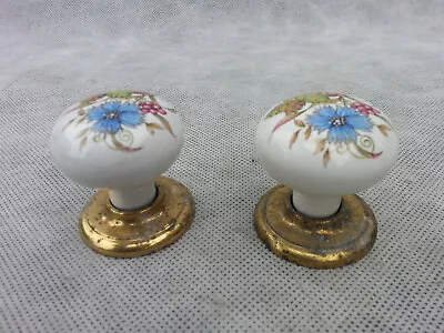£4 • Buy 2x CERAMIC CUPBOARD DOOR KNOBS FLORAL BRASS VINTAGE