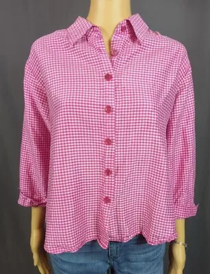 Erin London Women's Pink Checkered Strip Button Up Size Large 3/4 Sleeve  • $12.32