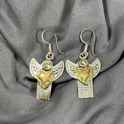 Vintage Sterling Silver Mexico Guardian Angle Heart Pierced Dangle Earrings • $19.99