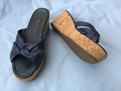 Lovely Morena Gabbrielli Italian Navy Leather Wedge Slip On Mules Sandals 38 5 • £4