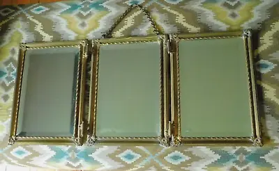 ANTIQUE FRENCH BRONZE GOLD GILT TRIFOLD HANGING / VANITY MIRROR 19th CENTURY • $65