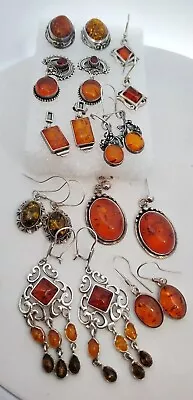 Lot Of 9 Pair Vintage Sterling Silver Earrings All With Amber • $51