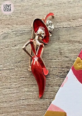 £9.99 • Buy NEW Rose Gold Tone Lady In Red Vintage Style Glamour Hat Red Dress Brooch Pin