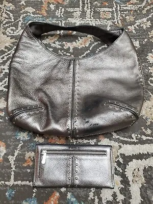 Michael Kors Handbag Purse Silver Metallic Studded Shoulder + Wallet!  READ. • $23.90