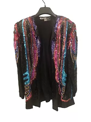 Vtg Women CARINA Black Multi-color Blazer Jacket M PURE SILK Sequins Evening Out • $75