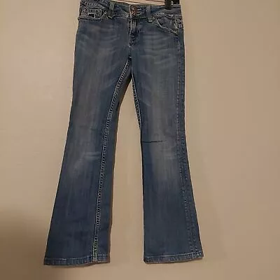 Miss Me Blue Denim Jeans 26 Leg Flap Pockets Boot Cut  Distress Patched • $24.99