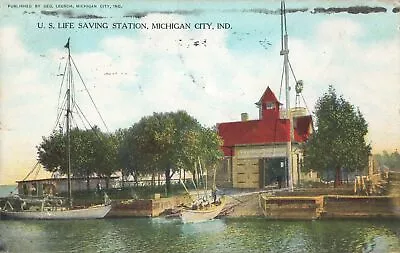 USCG Michigan City Indiana USLSS USCG LIFE SAVING STATION & SURF BOAT CREW C1906 • $11.99