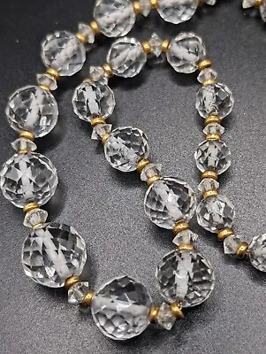 Vintage Art Deco Graduated Hand Cut Crystal & Gold Filled Bead Chain Necklace • $34.90
