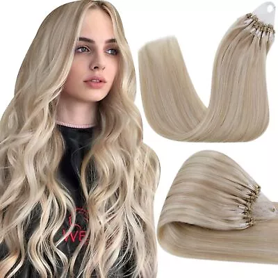 Hetto Micro Bead Hair Extensions Real Human Hair #18/613 Ash Blonde Highlight... • $58.79