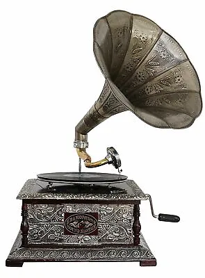 Antique Style Gramophone Complete With Horn  Decorative Wooden Base (e) • £281.58